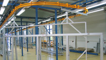 Power& Free System to move mounting trolleys for cable harnesses, automatically